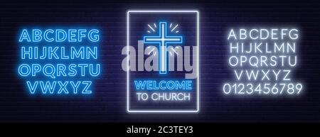 Church cross neon sign. Glowing symbol of the crucifixion with fonts. Inscription Welcome To Church. Stock Vector