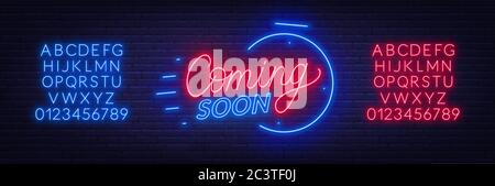 Coming soon neon sign on brick wall background. Template for design. Neon alphabet . Stock Vector