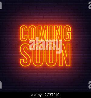 Coming soon neon sign on a brick wall background. Stock Vector