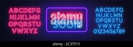 Coming soon neon sign on brick wall background. Template for design. Neon alphabet . Stock Vector