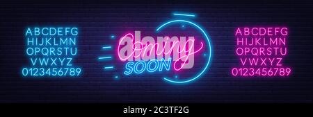 Coming soon neon sign on brick wall background. Template for design. Neon alphabet . Stock Vector