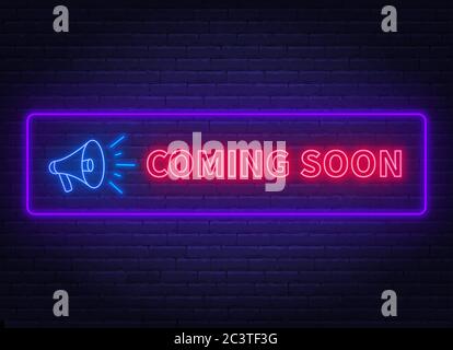 Coming soon neon sign with megaphone on a brick wall background. Stock Vector