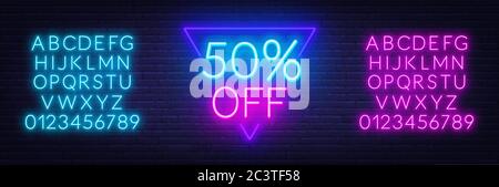 Neon offer template for discount on sale. . Neon blue and pink alphabets with numbers. Stock Vector