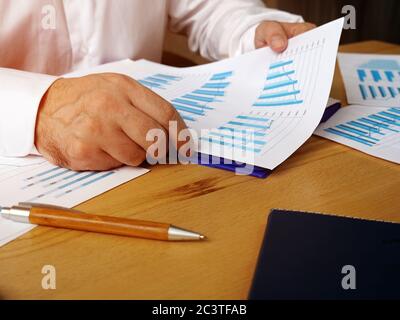 The manager is checks a report with graphs about the level of sales. Stock Photo
