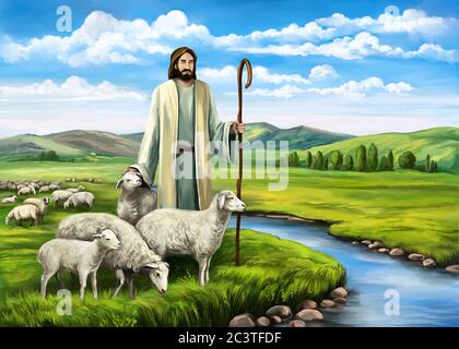 Son of God, the Lord is my shepherd, Jesus Christ with a flock of sheep, symbol of Christianity hand drawn art illustration painted Stock Photo