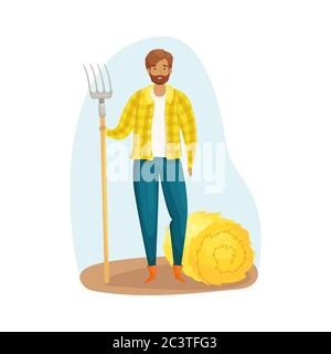 A farmer in overalls and a straw hat harvesting hay with a pitchfork. Harvest. The care of the garden. Agriculture, farming. Stock Vector