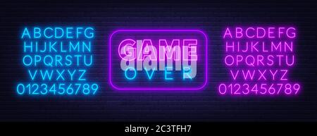 Neon game over sign on brick wall background. Neon alphabet . Stock Vector
