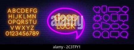 Neon sign good luck in frame on dark background. Stock Vector
