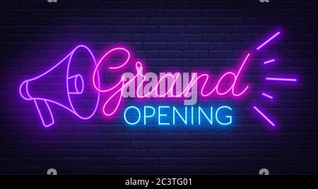 Grand opening neon sign on dark background. Stock Vector
