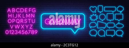 Neon sign giveaway in speech bubble frame on dark background. Stock Vector