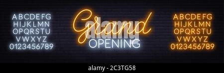 Grand opening neon sign on dark background. Poster,banner for the opening ceremony. Stock Vector