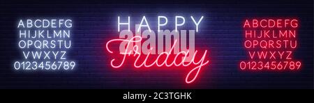 Happy Friday neon sign. Greeting card on dark background. Stock Vector