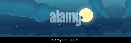 Night sky with moon, stars and clouds. Full moon. Dark time. Stock Vector