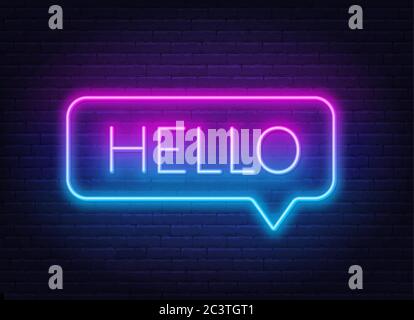Neon gradient sign of word hello in speech bubble frame on dark background. Stock Vector