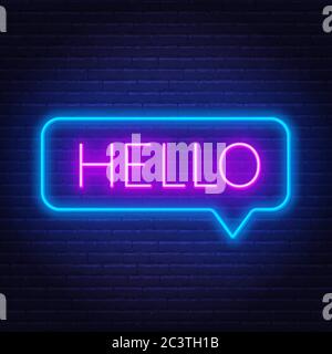 Neon sign of word hello in speech bubble frame on dark background. Stock Vector
