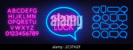 Neon sign good luck in frame on dark background. Stock Vector