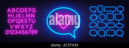 Neon sign like in speech bubble frame on dark background. Set of neon speech bubbles and the alphabet on a dark background. Stock Vector
