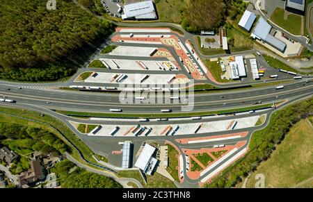 extensions of the motorway stations Sauerland West and Sauerland Ost at motorway A45, 24.04.2019, aerial view, Germany, North Rhine-Westphalia, Sauerland, Luedenscheid Stock Photo