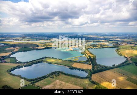 flooded gravel pits Reeser Meer, Haffensche Landwehr, in the Rheinauen, 01.08.2019, aerial view, Germany, North Rhine-Westphalia, Lower Rhine, Rees Stock Photo