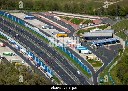 extensions of the motorway stations Sauerland West and Sauerland Ost at motorway A45, 24.04.2019, aerial view, Germany, North Rhine-Westphalia, Sauerland, Luedenscheid Stock Photo