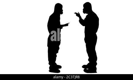 Silhouette Doctors or scientists in hazamat suits meet and shake hands. Stock Photo