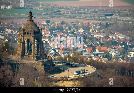 memorial of emperor Kaiser-Wilhelm-Denkmal at Porta Westfalica, oberhalb des Weserdurchbruchs Porta Westfalica, 07.04.2019, Luftbild, Germany, North Rhine-Westphalia, East Westphalia, Porta Westfalica Stock Photo