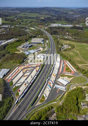 extensions of the motorway stations Sauerland West and Sauerland Ost at motorway A45, 24.04.2019, aerial view, Germany, North Rhine-Westphalia, Sauerland, Luedenscheid Stock Photo