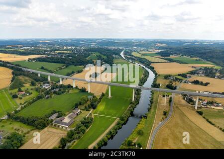 bridge Mintarder Bruecke of motorway $52 over river Ruhr, 21.07.2019, aerial view, Germany, North Rhine-Westphalia, Ruhr Area, Muelheim/Ruhr Stock Photo