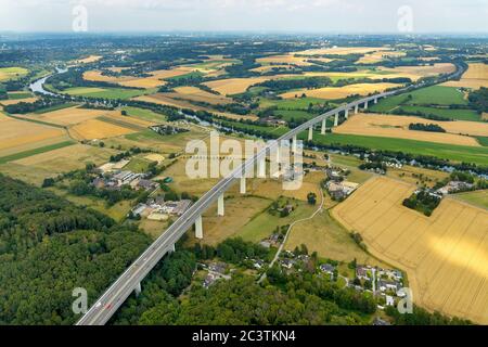 bridge Mintarder Bruecke of motorway $52 over river Ruhr, 21.07.2019, aerial view, Germany, North Rhine-Westphalia, Ruhr Area, Muelheim/Ruhr Stock Photo