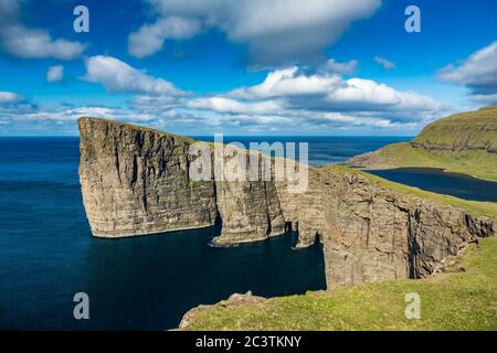 Sorvagsvatn lake over the ocean in Faroe Islands Stock Photo