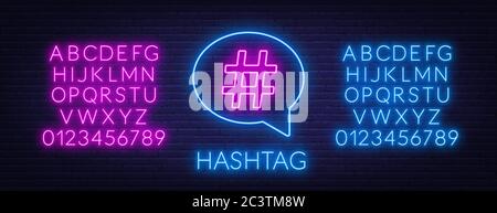 Neon hashtag sign in speech bubble on brick wall background. Neon alphabet Stock Vector