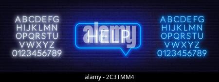 Neon sign of word help in speech bubble frame on dark background. Set of neon alphabet on a dark background. Stock Vector