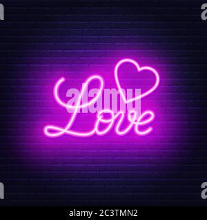 Love neon lettering on brick wall background. Stock Vector