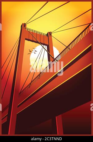 Stylized vector illustration of a large cable-stayed bridge in the sun Stock Vector