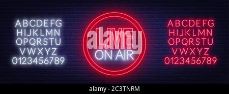 Live on air neon glowing sign on brick wall background. Template for design. Neon alphabet . Stock Vector
