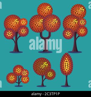 Stylized vector set of plants in autumn period. Trees and shrubs. Stock Vector