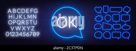Neon sign ok. Set of neon speech bubbles and the alphabet on a dark background. Stock Vector