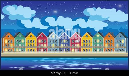 Stylized seamless horizontal vector illustration on the theme of the town and colorful townhouses at night Stock Vector