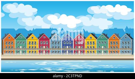 Stylized seamless horizontal vector illustration on the theme of the town and colorful townhouses Stock Vector