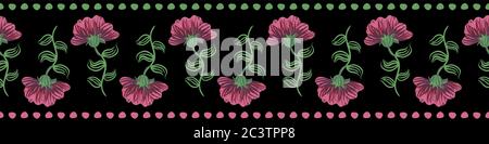 rows of pink flowers on black vector border print Stock Vector