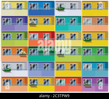 Stylized vector illustration of a colored apartments house. Seamless in all directions if needed Stock Vector