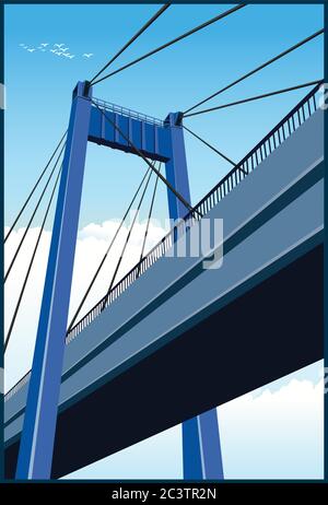 Stylized vector illustration of a large cable-stayed bridge Stock Vector