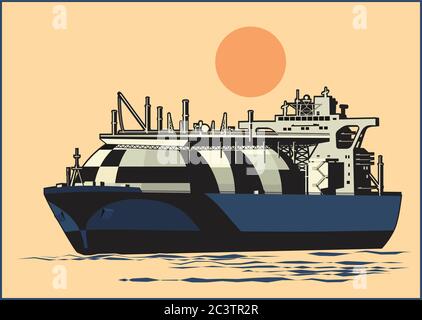 Stylized vector illustration on the theme of marine transportation. Large liquefied natural gas tanker cargo ship Stock Vector