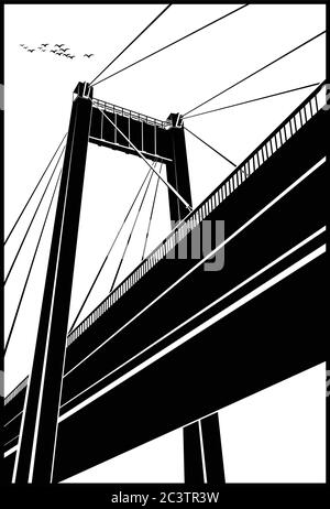 Stylized vector illustration of a large cable-stayed bridge Stock Vector