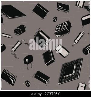 Stylized seamless in all directions illustration of electronic components and circuitry in retro style Stock Vector
