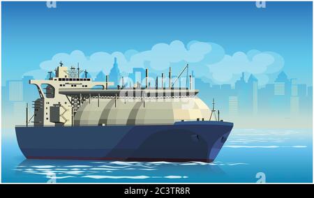 Stylized vector illustration on the theme of marine transportation. Large liquefied natural gas tanker cargo ship leaving the harbor Stock Vector