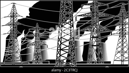 Stylized vector illustration of Power station and high-voltage lines Stock Vector