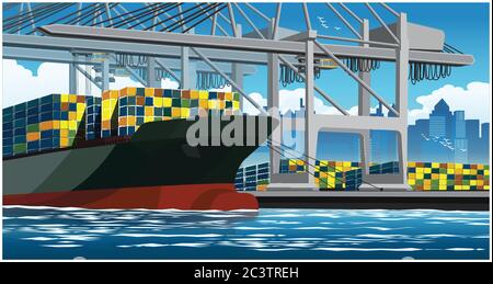 Large harbor cranes loading container ships in the port at day time Stock Vector