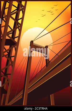 Stylized vector illustration of a city industrial landscape. Bridge and metal trusses at sunset Stock Vector