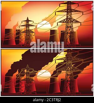 Power station and high-voltage lines at sunset Stock Vector